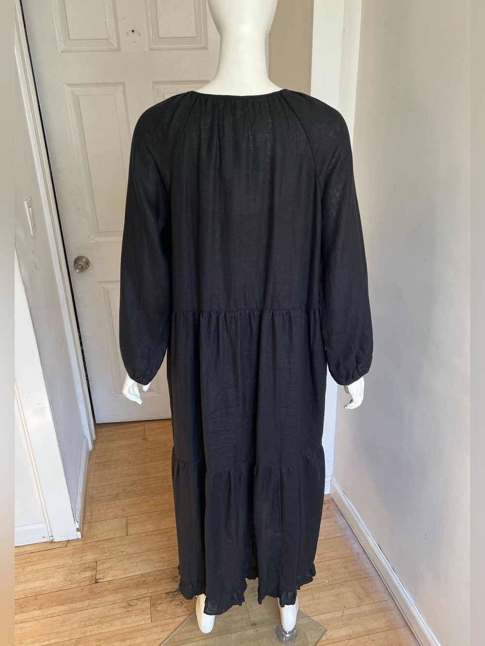 J. Crew 100% Linen Tiered Black Maxi Dress Size L/XL NWT Pockets Coastal Peasant - Picture 9 of 13